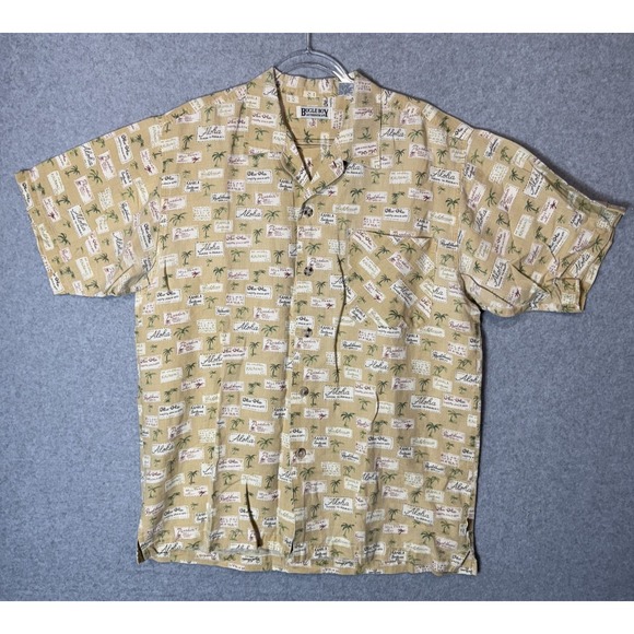 Vintage Bugle Boy Shirt Mens Large Beige Hawaiian Aloha Print Short Sleeve 90s‎ - Picture 1 of 9
